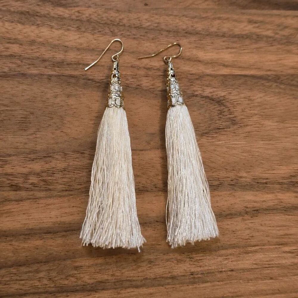 Cream Tassel Dangle Earrings Gold Filigree Caps Long Boho Statement Jewelry